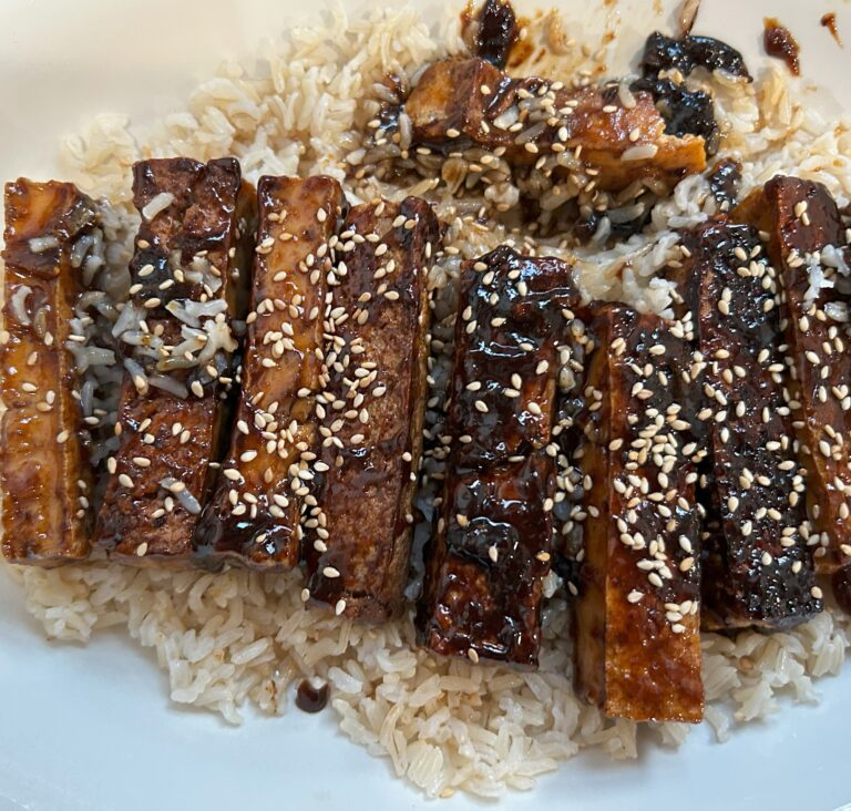 brown rice topped with fried tofu