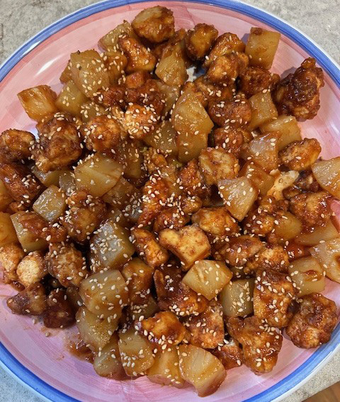 baked pineapple tofu on a plate