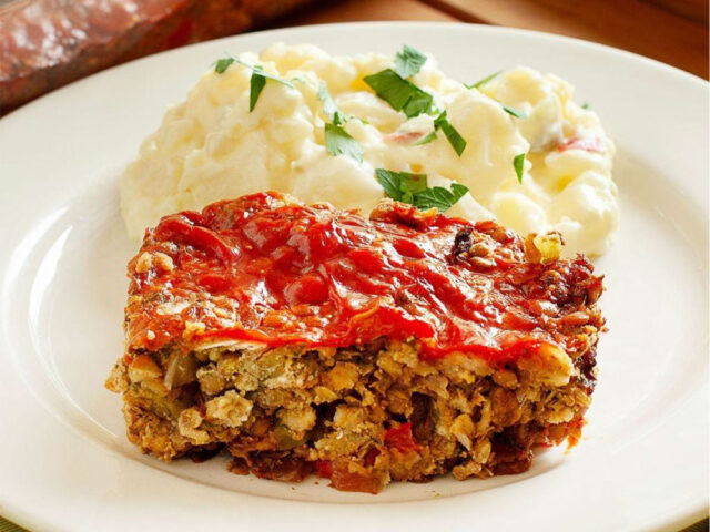 plant based meat loaf with mashed potato on plate