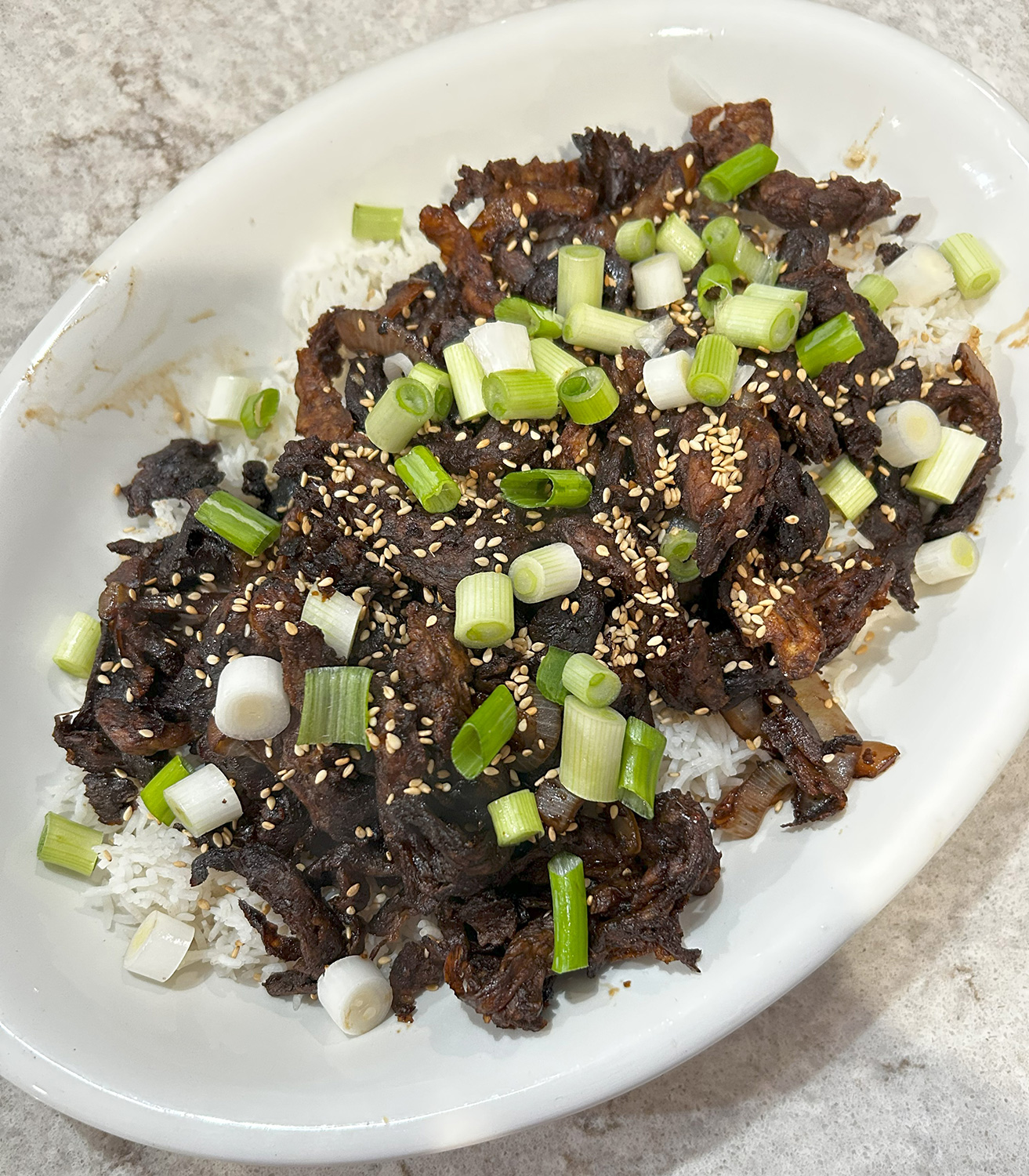 plant-based meat and rice sprinkled with leeks in a plate