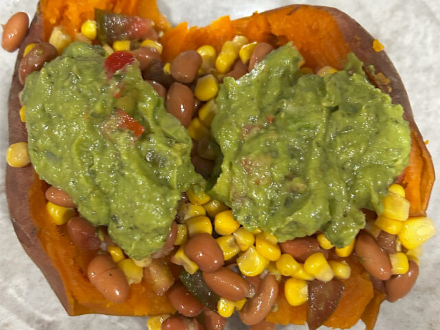 stuffed sweet potato with corn and avocado