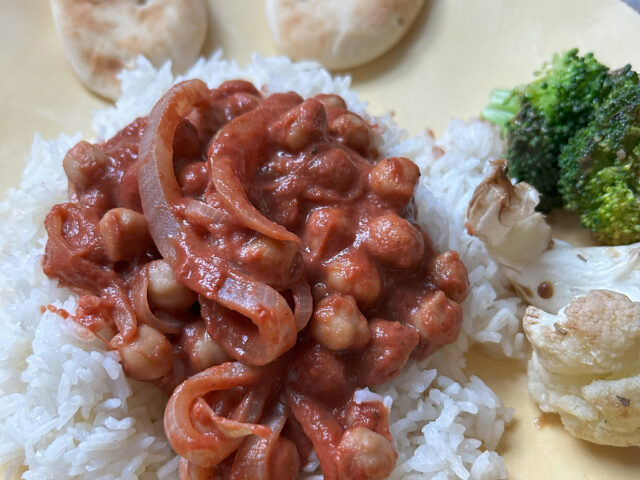 chick pea in red sauce over white rice