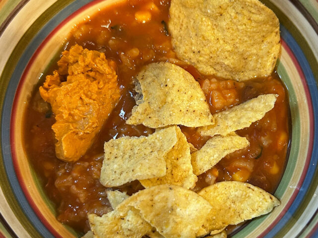 soup in a bowl with tortilla toppings